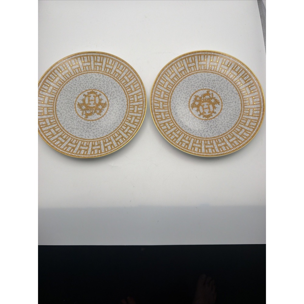Lot Of 2 Hermes Mosaique au 24 Gold Salad Plate 8.5" Porcelain France w/ Box
